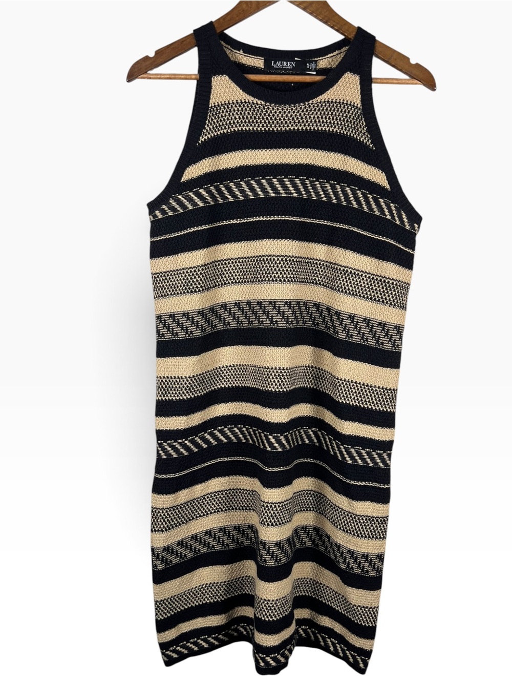 Lauren Ralph Lauren Striped Midi Sweater Dress L Linen Cotton Black Tan Capsule